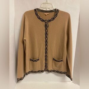 KIER + J Camel Cashmere Cardigan with Black Trim